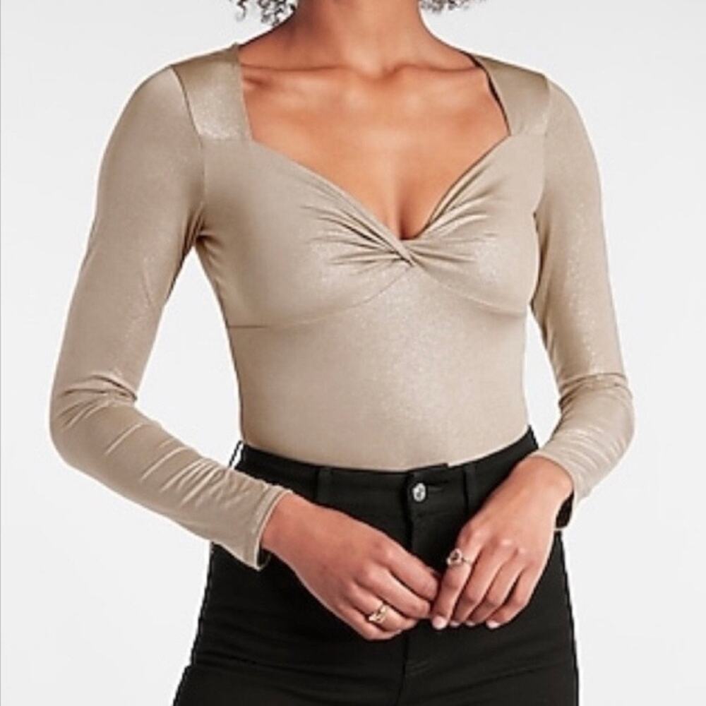 Express Body Contour Bodysuit Shimmery Gold Stretchy Long Sleeve Thong Women's S